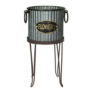 Galvanized Gray Metal Round Flower Pot Indoor/Outdoor Garden Planter with Stand